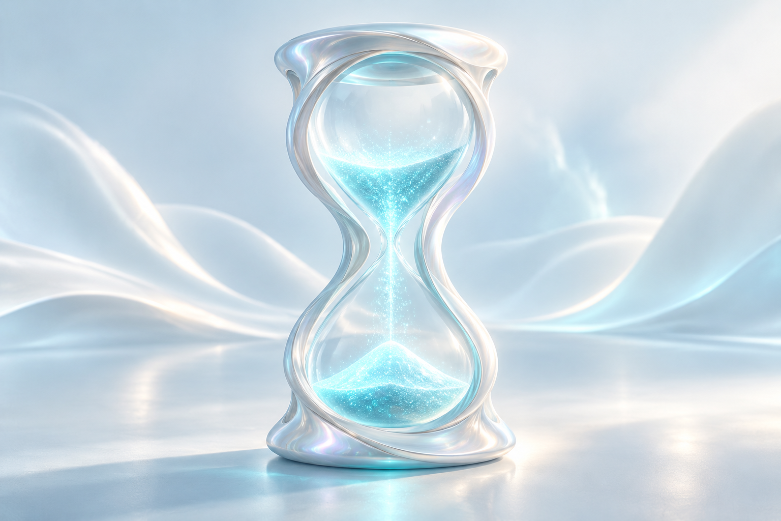 Pearlescent hourglass illustrating the fictional renewal theme