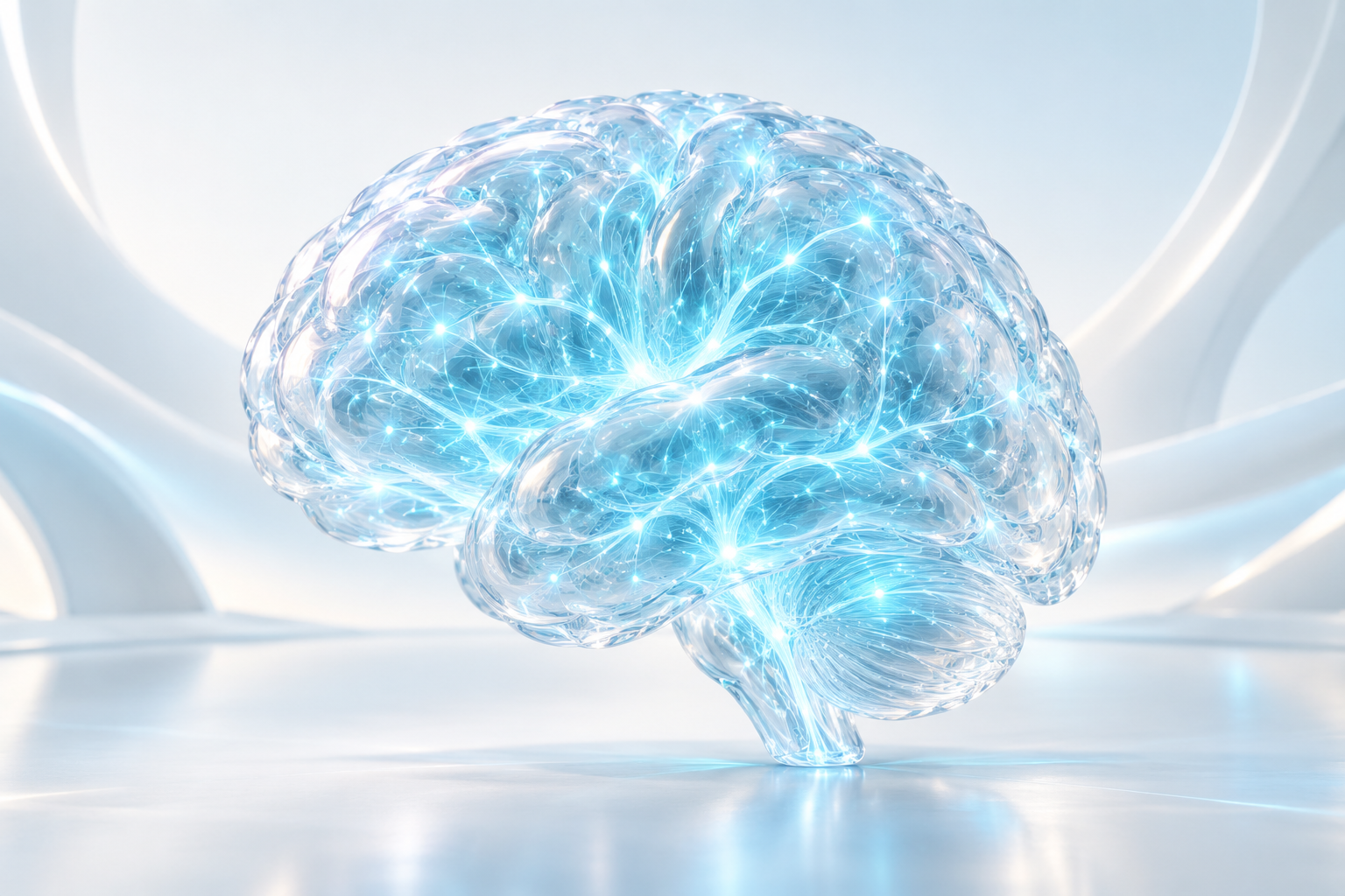 Glass brain with luminous connections illustrating the clarity theme