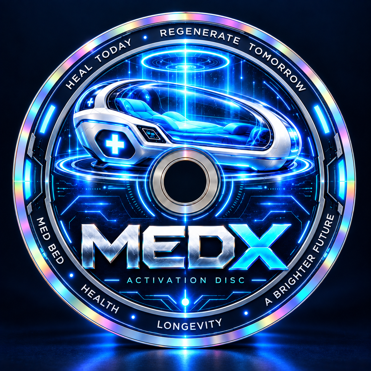 MEDX activation disc with electric-blue pod artwork and an iridescent silver rim