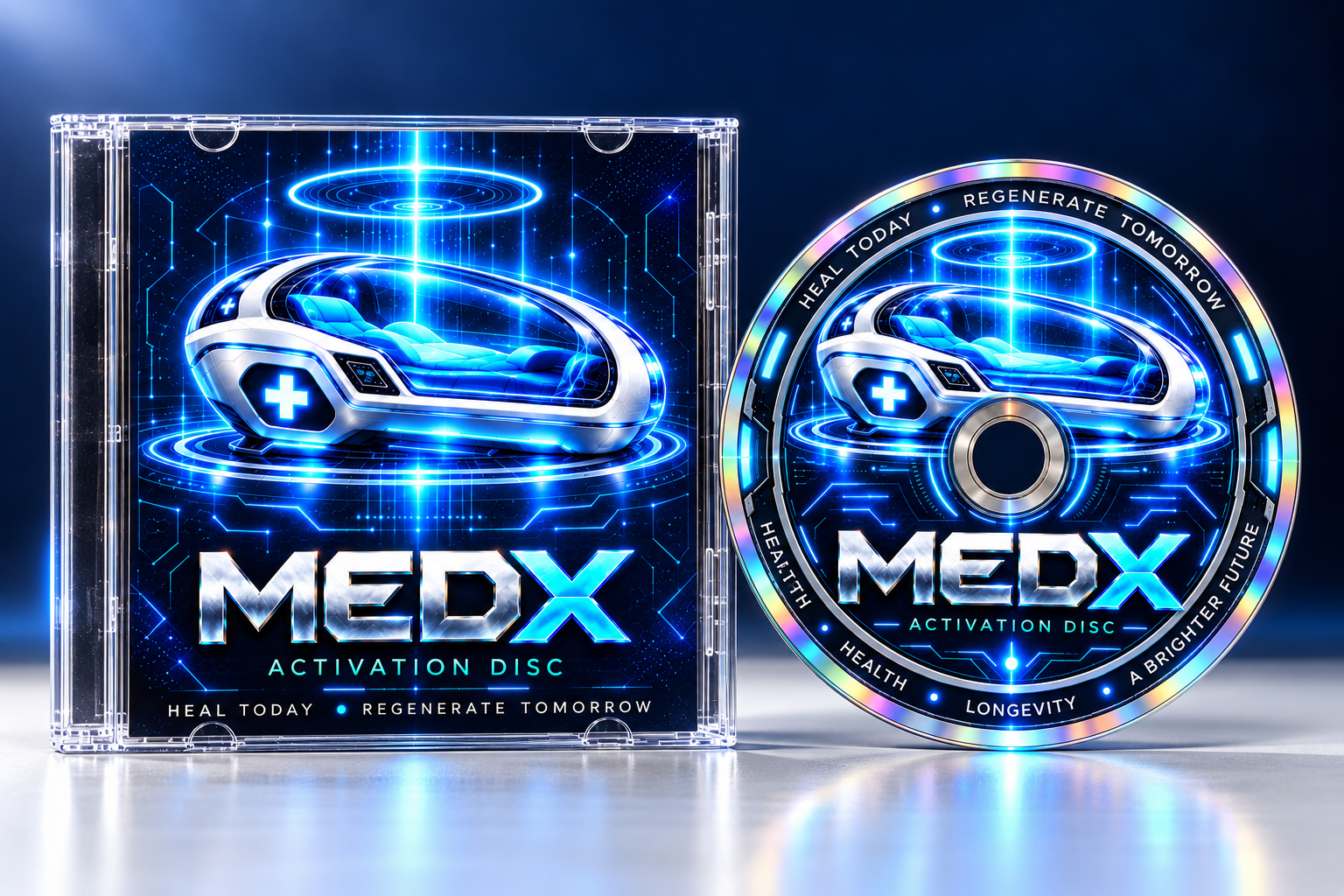 Studio mockup of 1 MEDX disc with matching clear jewel cases