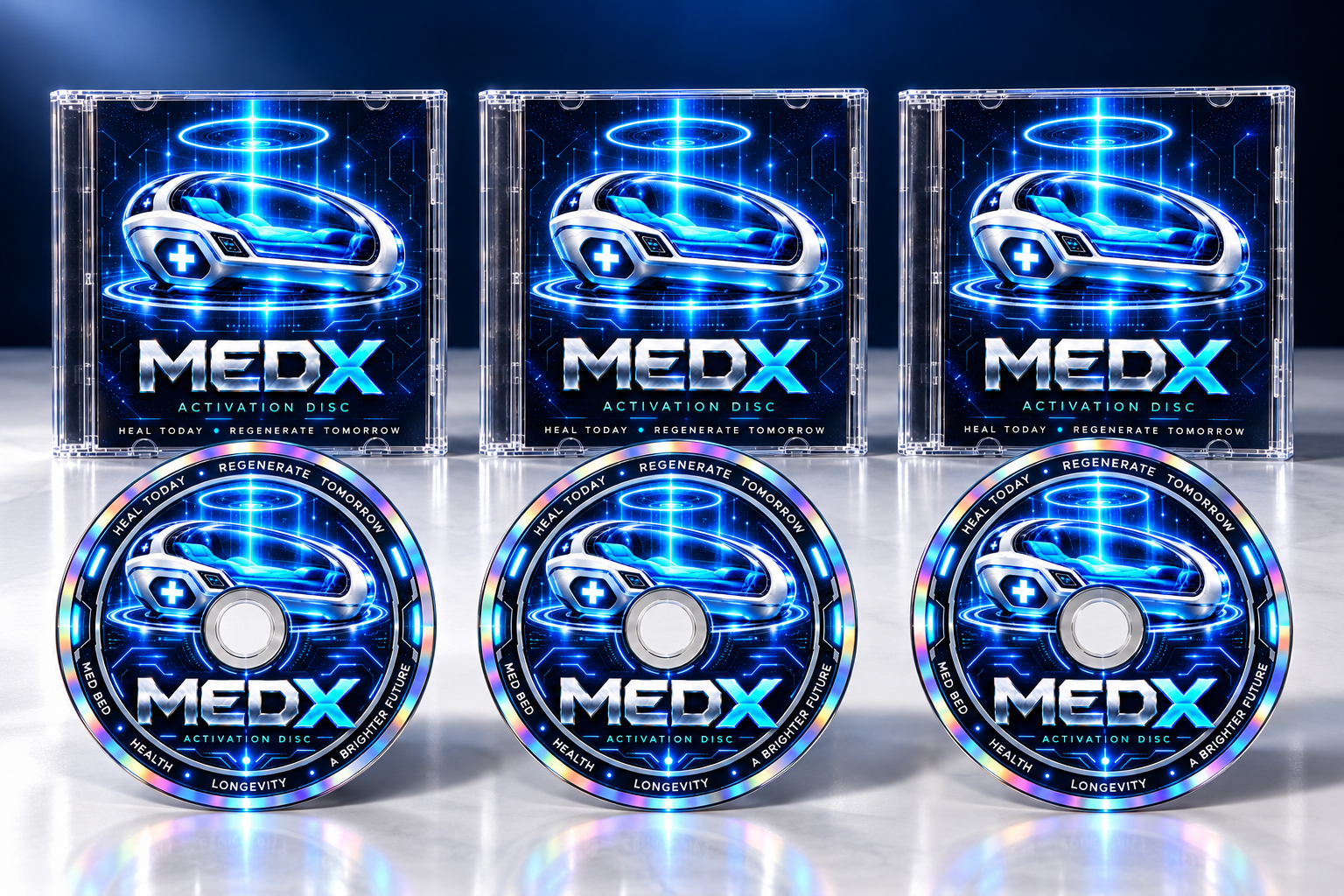 Studio mockup of 3 MEDX discs with matching clear jewel cases
