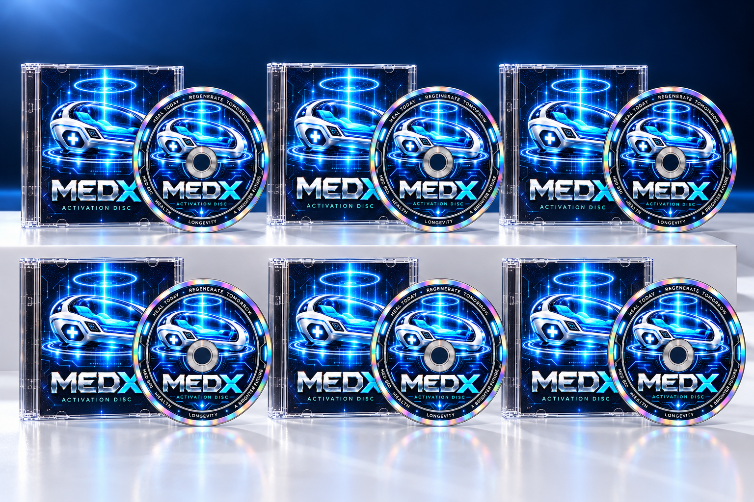 Studio mockup of 6 MEDX discs with matching clear jewel cases