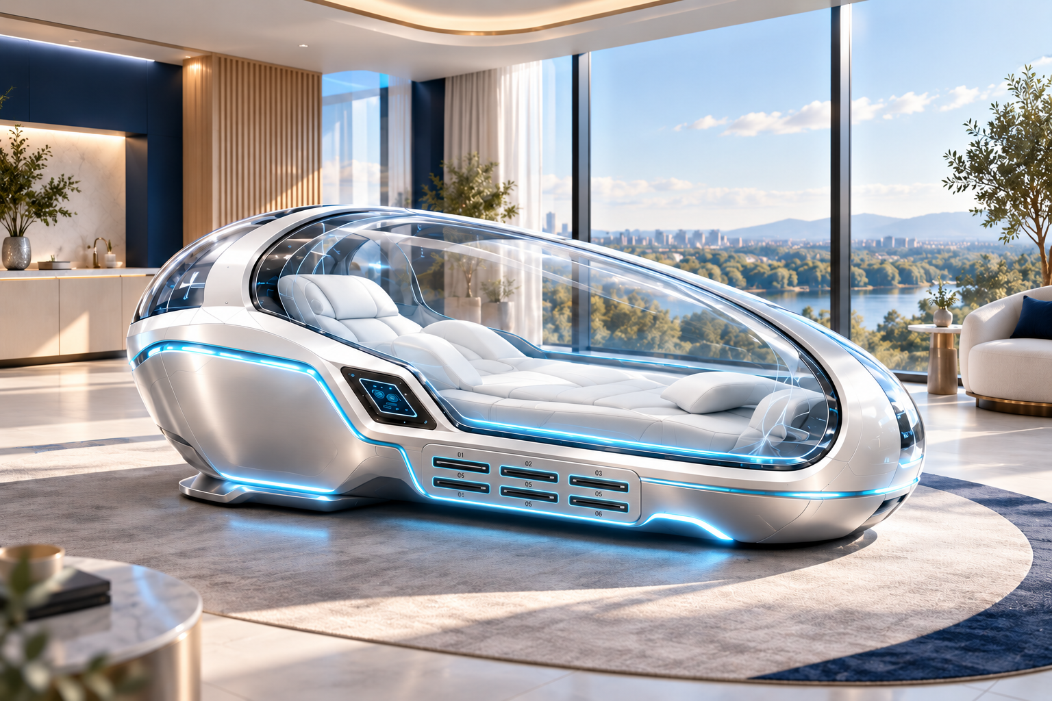 Closed MEDX concept pod with a transparent canopy and six visible side-mounted CD ports
