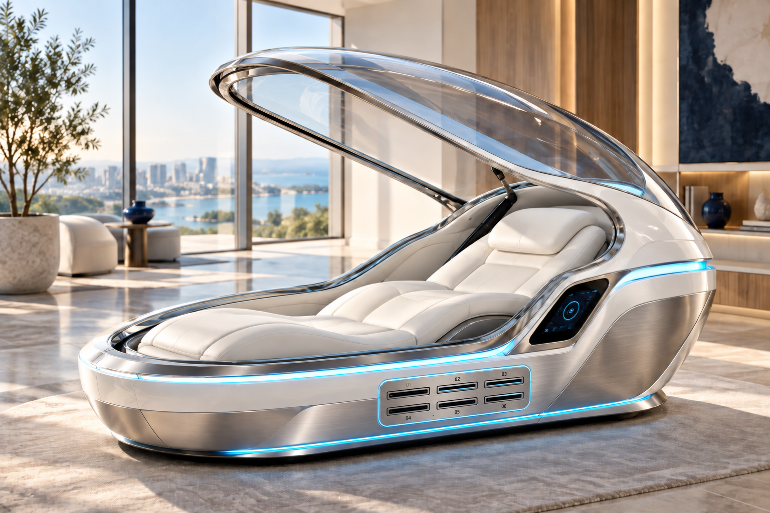 Open MEDX concept pod showing six side-mounted CD ports, glass canopy and premium materials