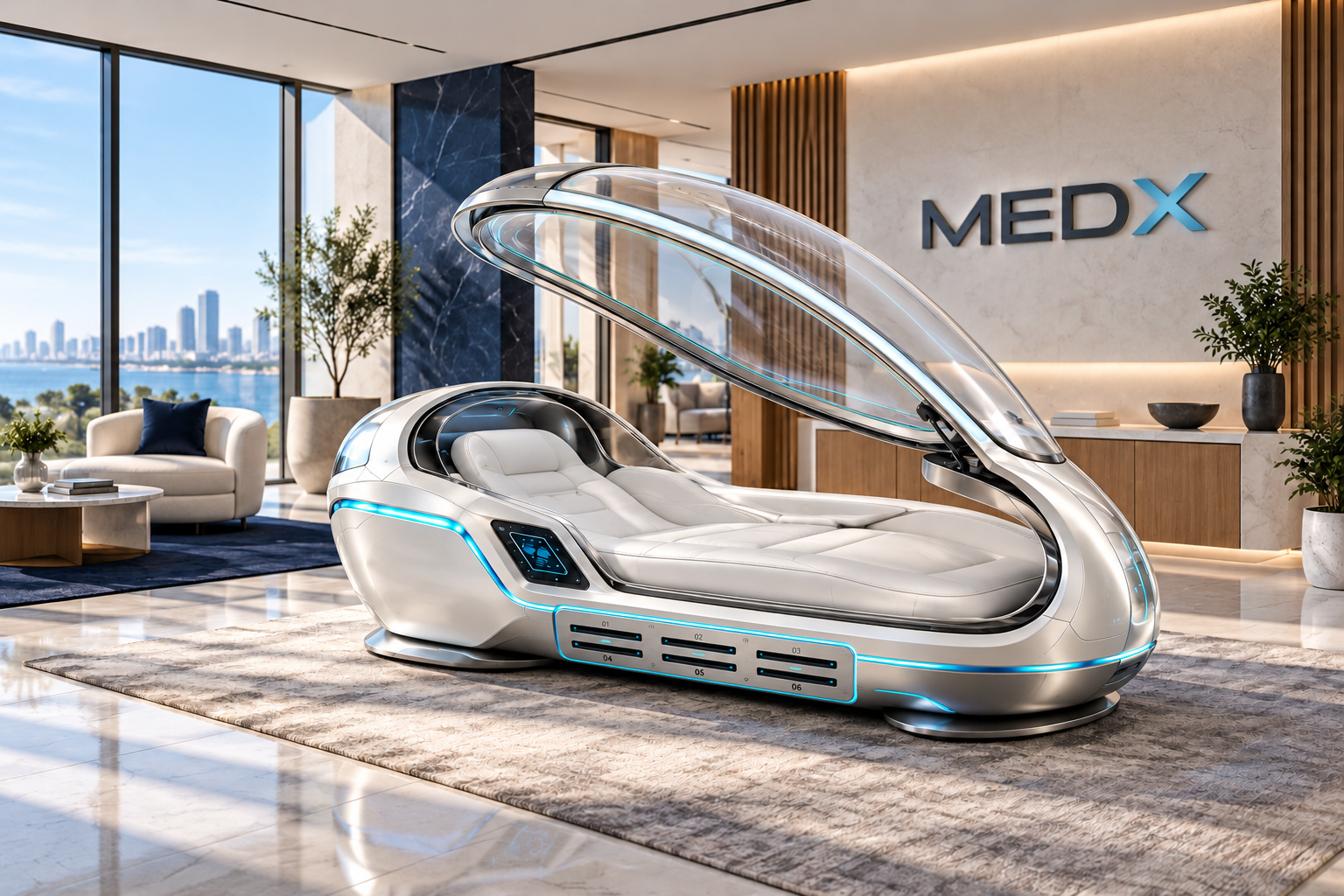Open MEDX concept pod with six visible side-mounted CD ports in a futuristic private suite