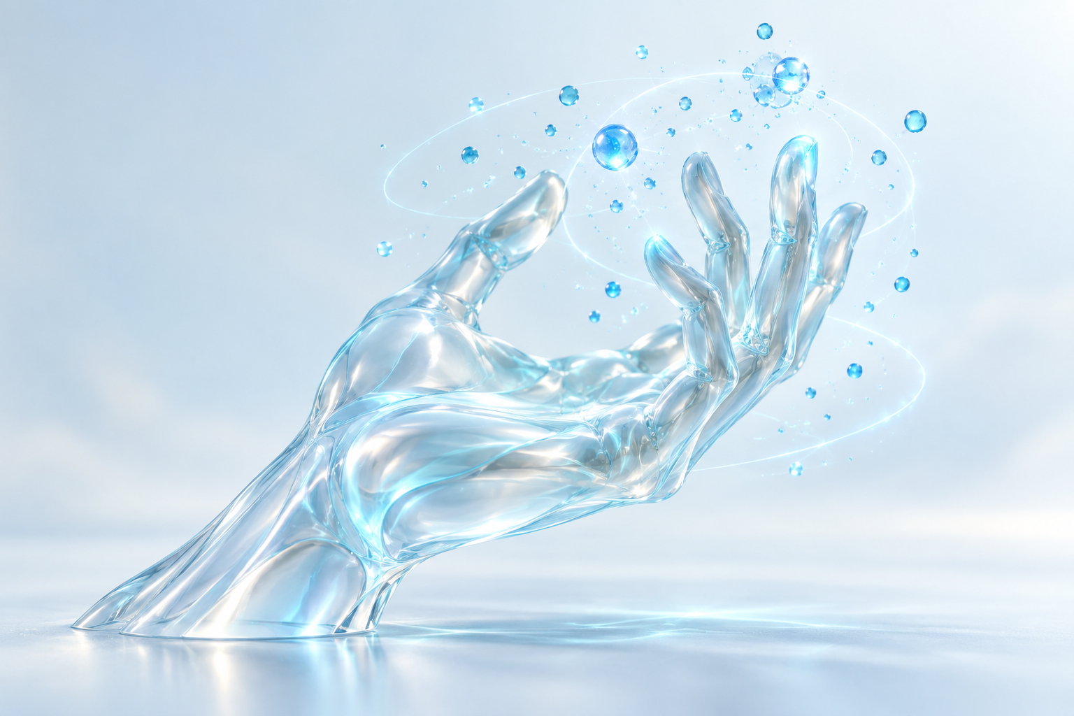 Glass hand surrounded by blue particles illustrating fictional regeneration